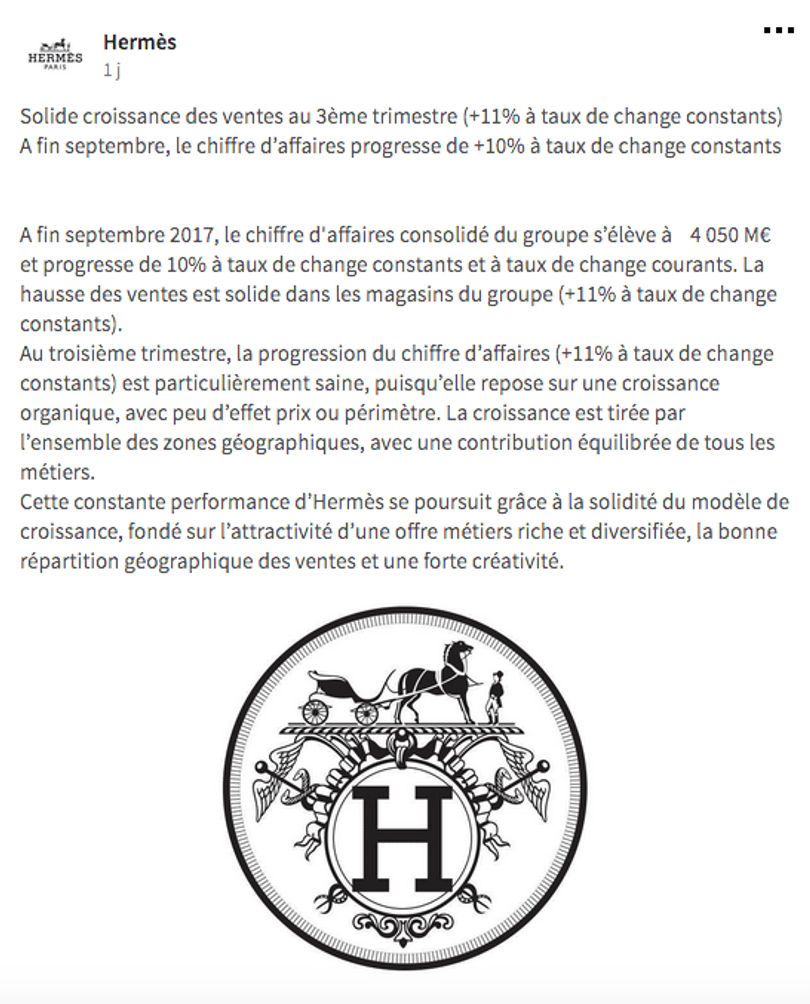 Poste publié par Hermès sur Linkedin le 08.11.2017